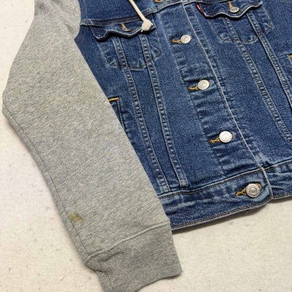 Levi Denim Trucker Jacket Hoodie Gray Sweatshirt Sleeves Women's Small Classic - Picture 5 of 16